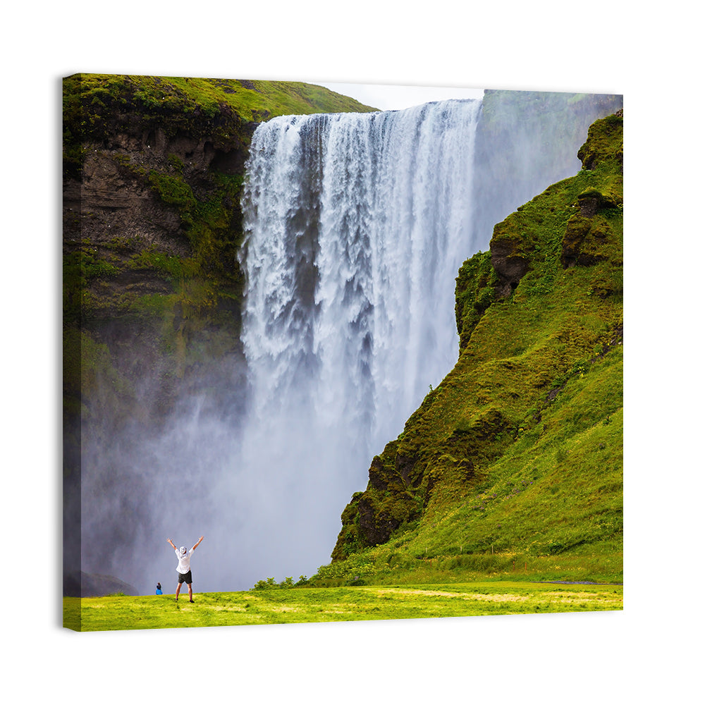 Skogafoss Waterfall with Moss Covered Cliffs Wall Art, canvas print, square