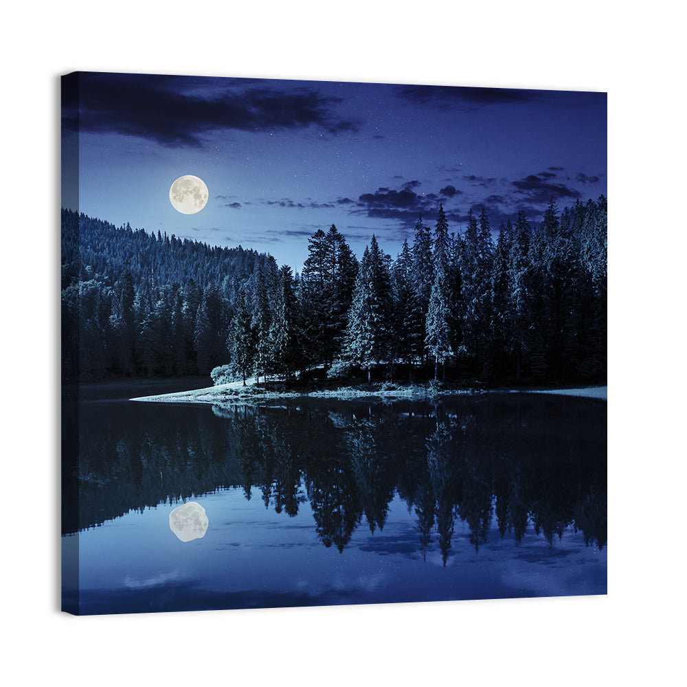 Moonlit Pine Lake Wall Art, canvas print, square