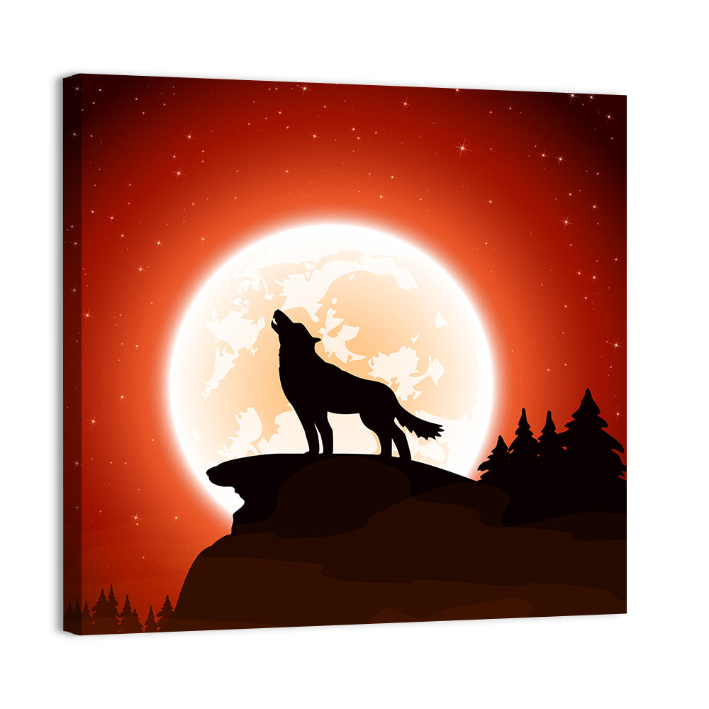 Howling Wolf Under Full Moon Wall Art, canvas print, square