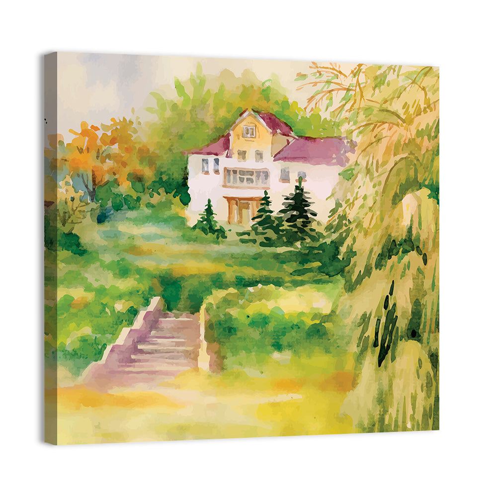 Hilltop House in Garden Illustration Wall Art
