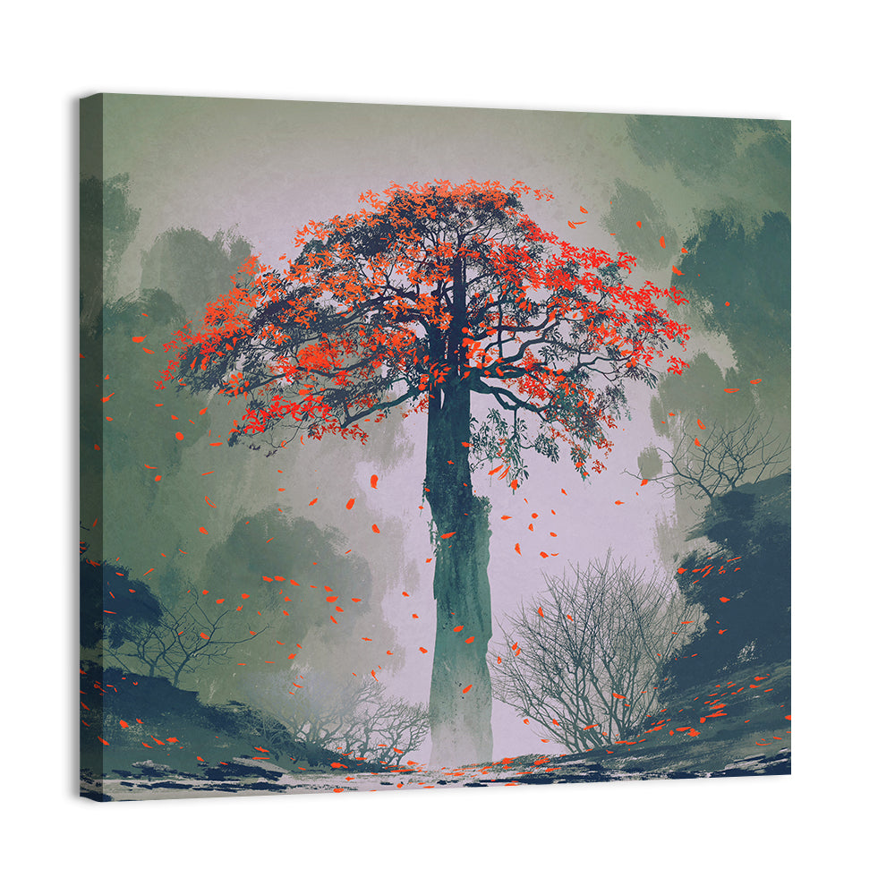 Misty Red Autumn Tree Wall Art
