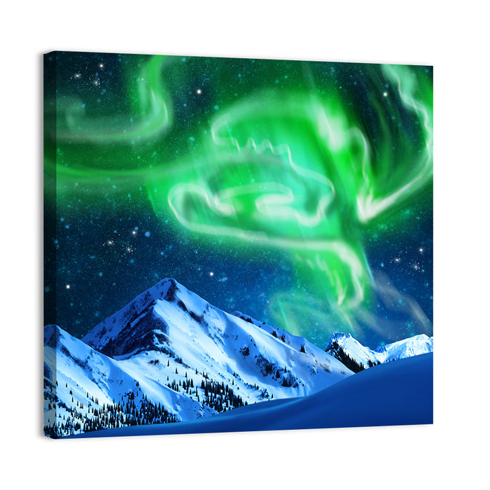 Glowing Aurora Over Snow Capped Mountains Wall Art as a canvas print
