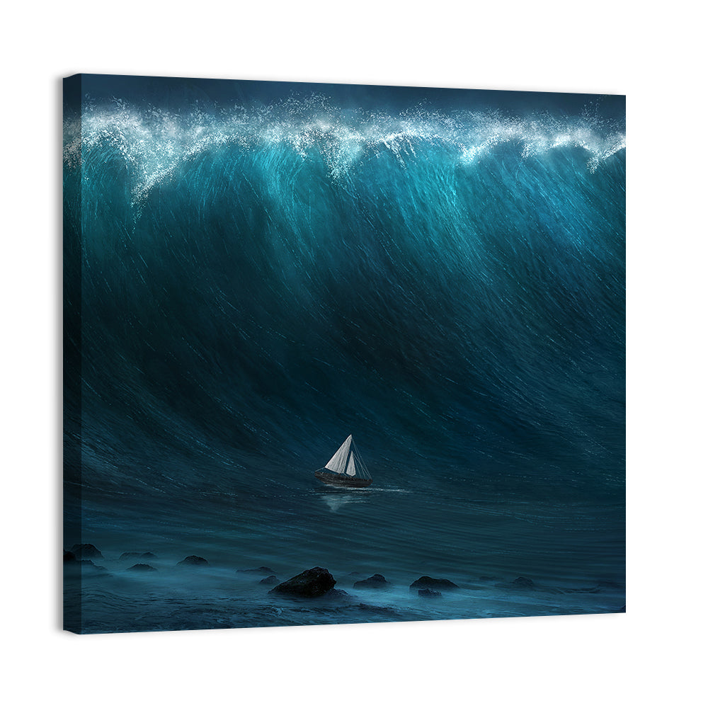 Sailboat Against Giant Wave Wall Art