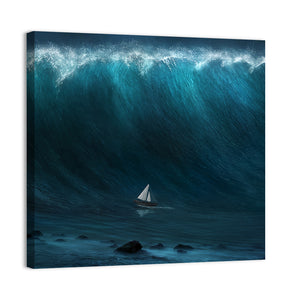 Small Boat Against Large Wave Wall Art