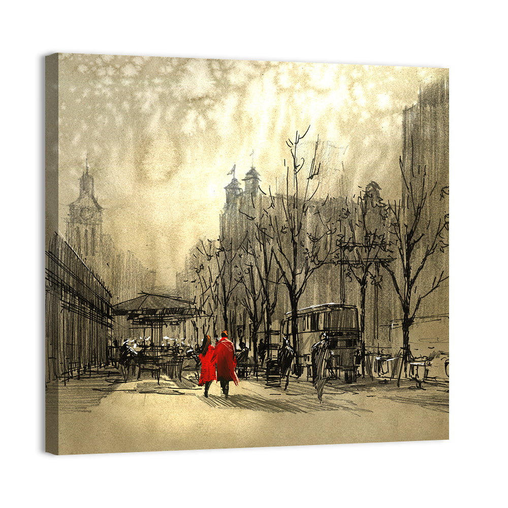 Couple in Red Coats on City Street Wall Art