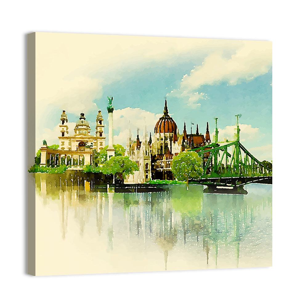 Budapest Riverfront Watercolor Wall Art