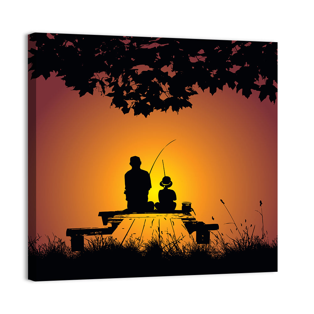 Father and Child Fishing Silhouette Wall Art