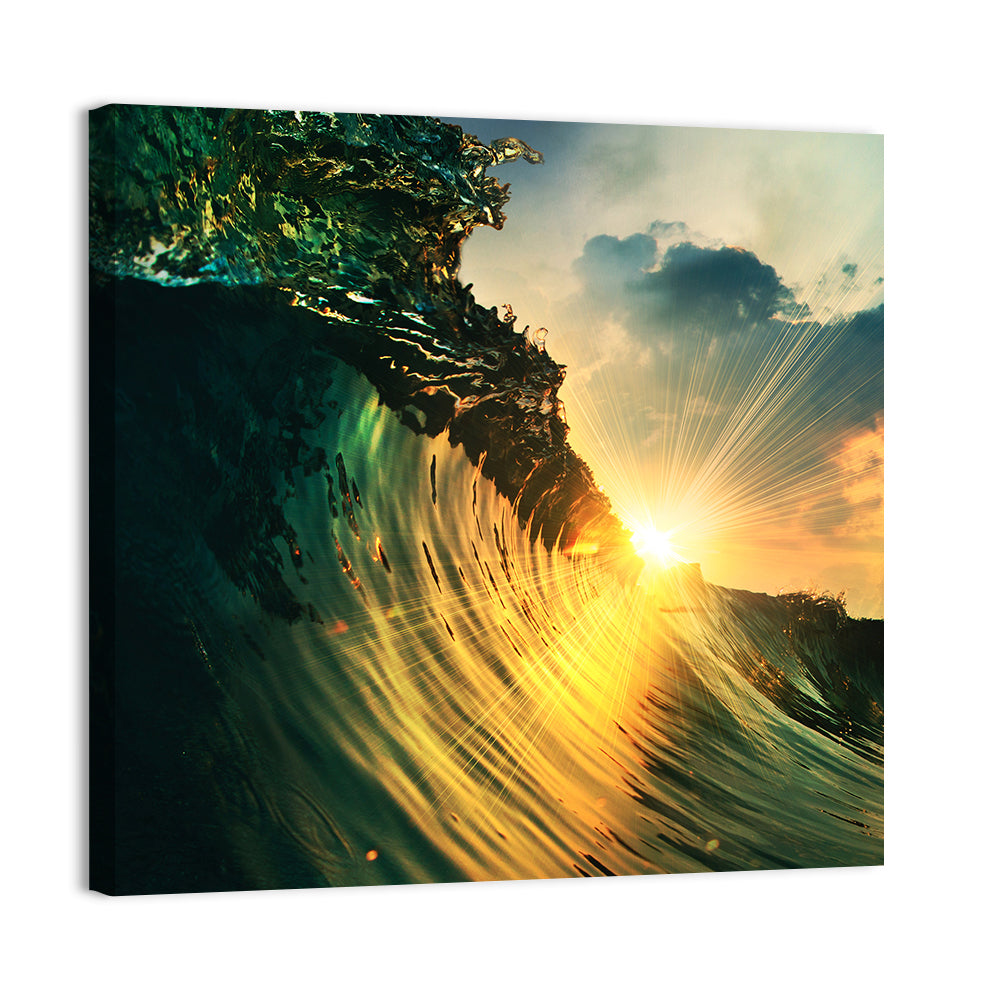 Sunset Through a Curling Wave Wall Art, canvas print, square