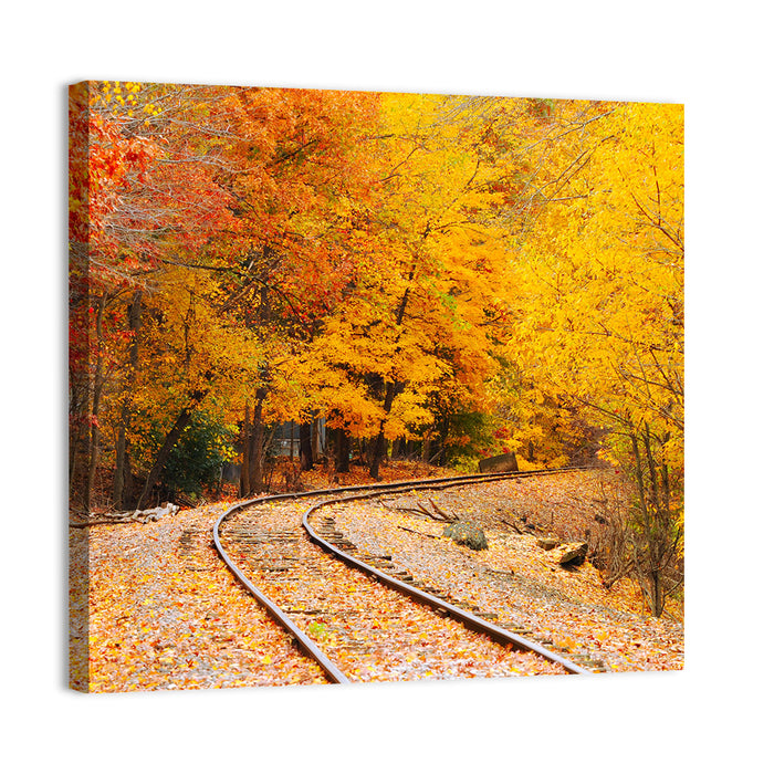 Curving Railroad Through Autumn Forest Wall Art as a canvas print