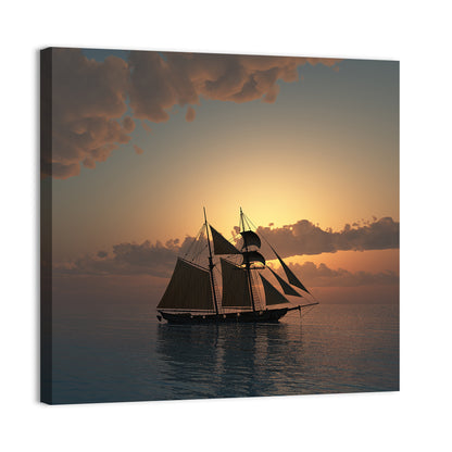 Sunset On Sea With Schooner Ship Wall Art