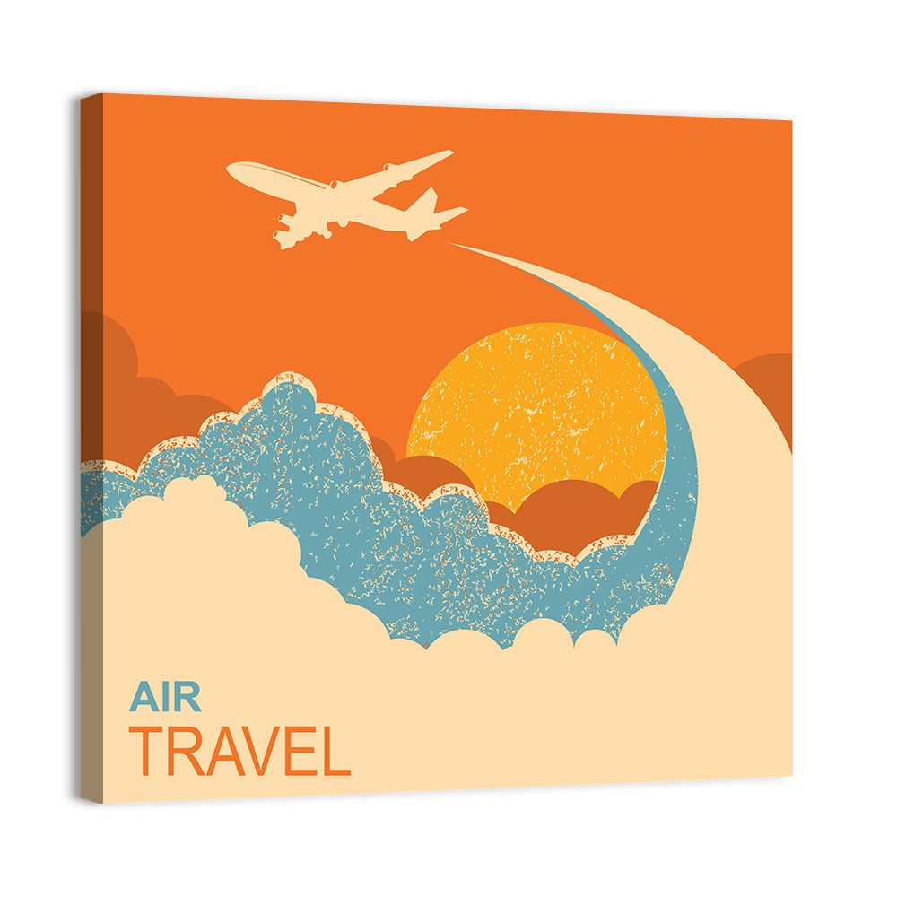 Retro Airplane at Sunset Illustration Wall Art, canvas print, square