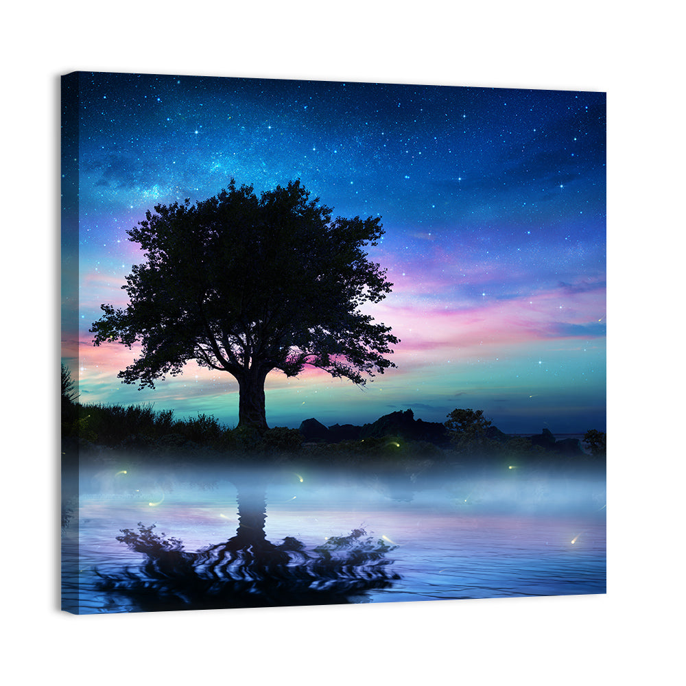 Lonely Tree Under Starry Sky Wall Art, canvas print, square