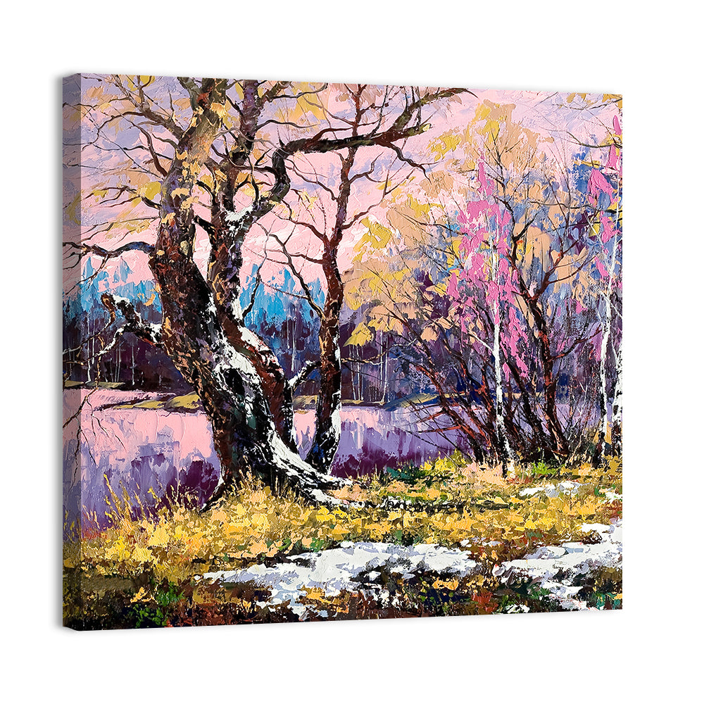 Autumn Lakeshore with Pink Foliage Wall Art
