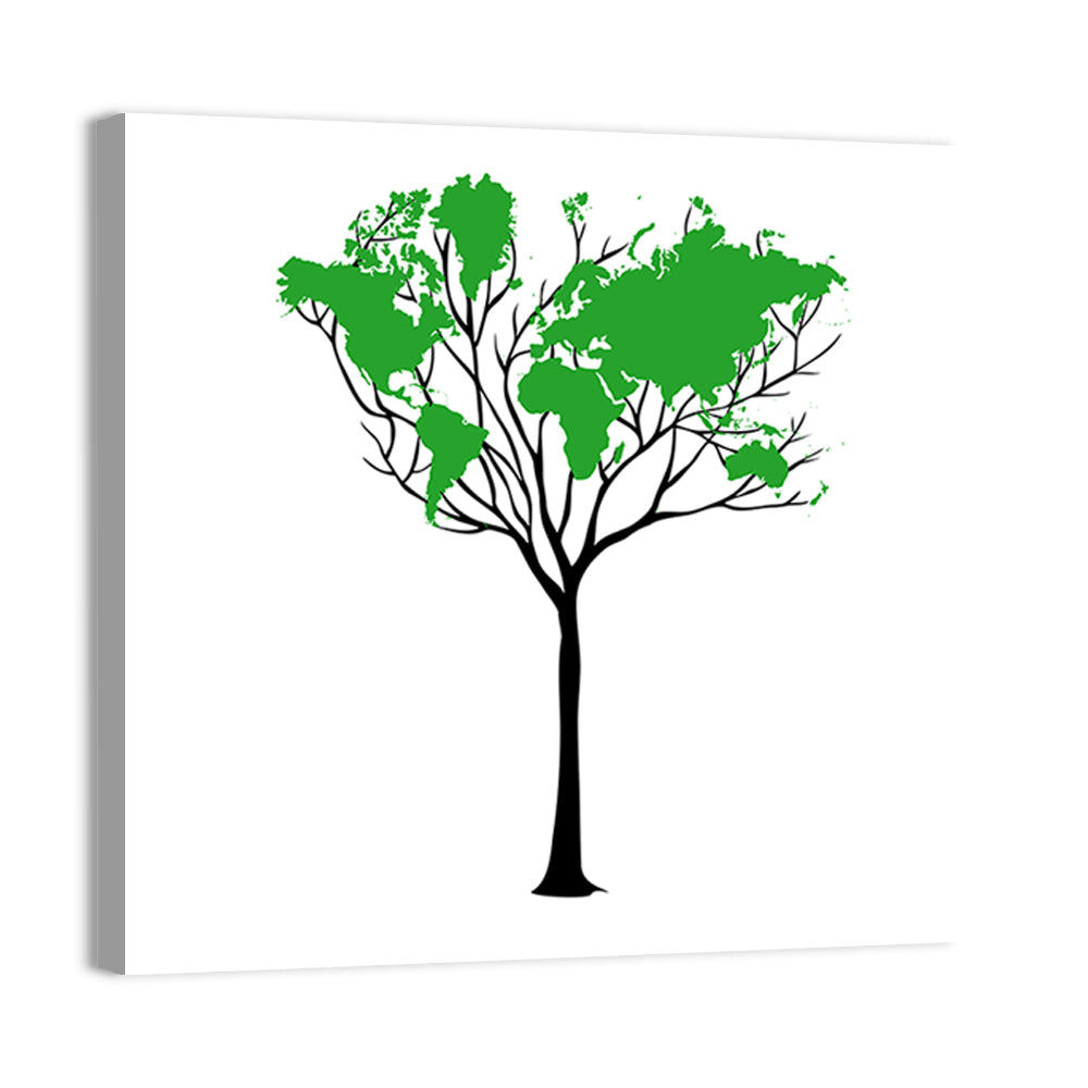 World Map Tree with Green Canopy Wall Art