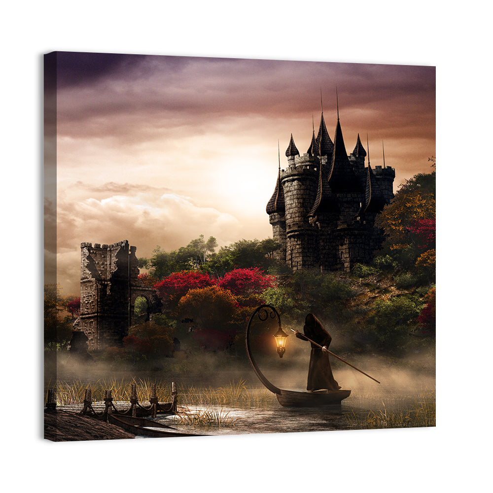 Castle Over Misty Lake at Dusk Wall Art
