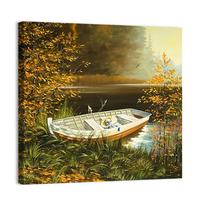 Wooden Boat On Bank Of Lake Wall Art