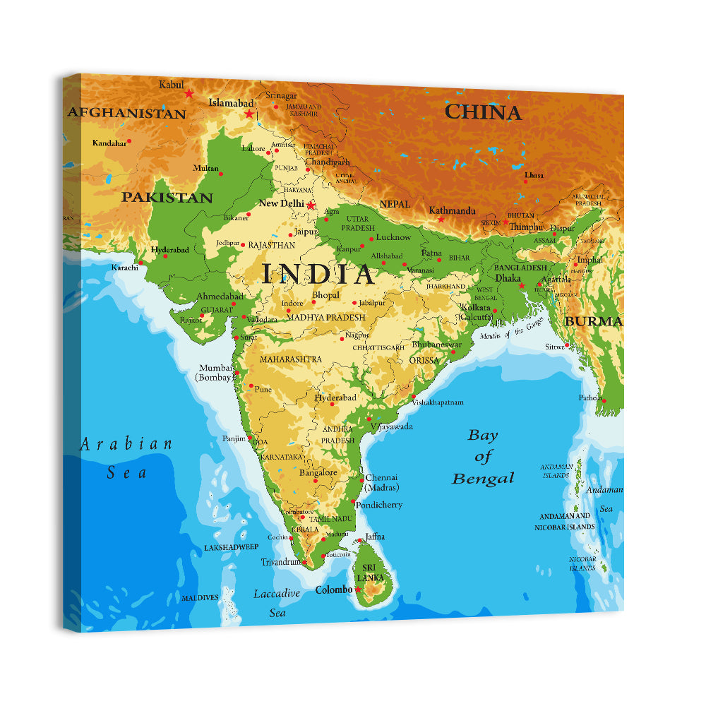 Relief Map of India Wall Art, canvas print, square
