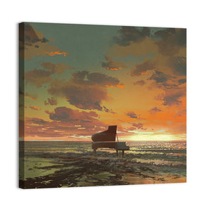 Piano On The Beach Sunset Wall Art