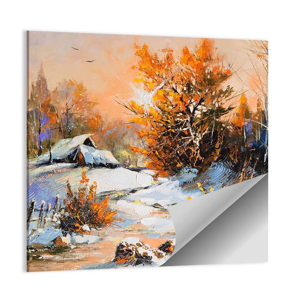 Snowy Cottage at Golden Hour Wall Art