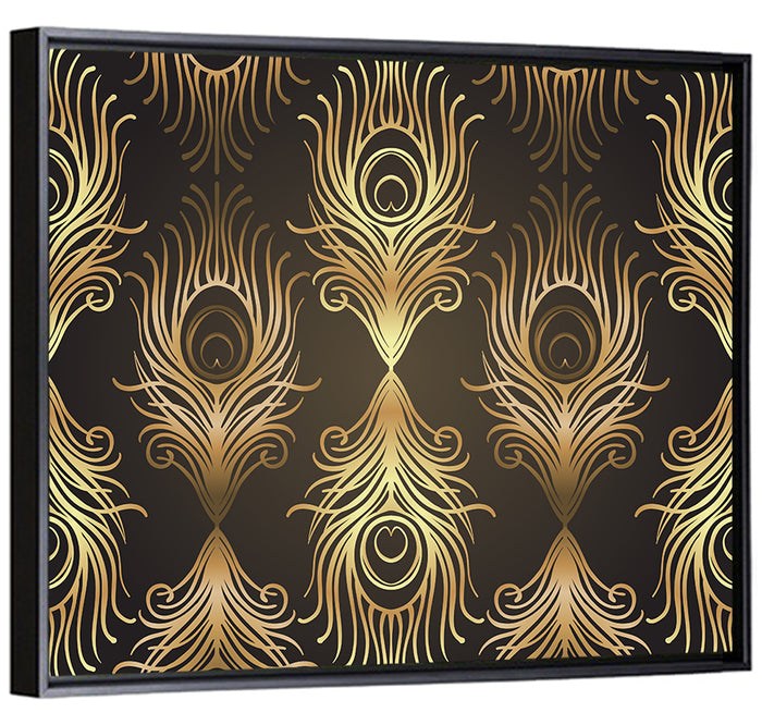Gold Peacock Feather Pattern Wall Art as a framed canvas