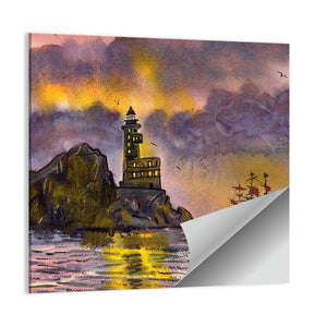 Ship & Lighthouse In Sea Artwork Wall Art