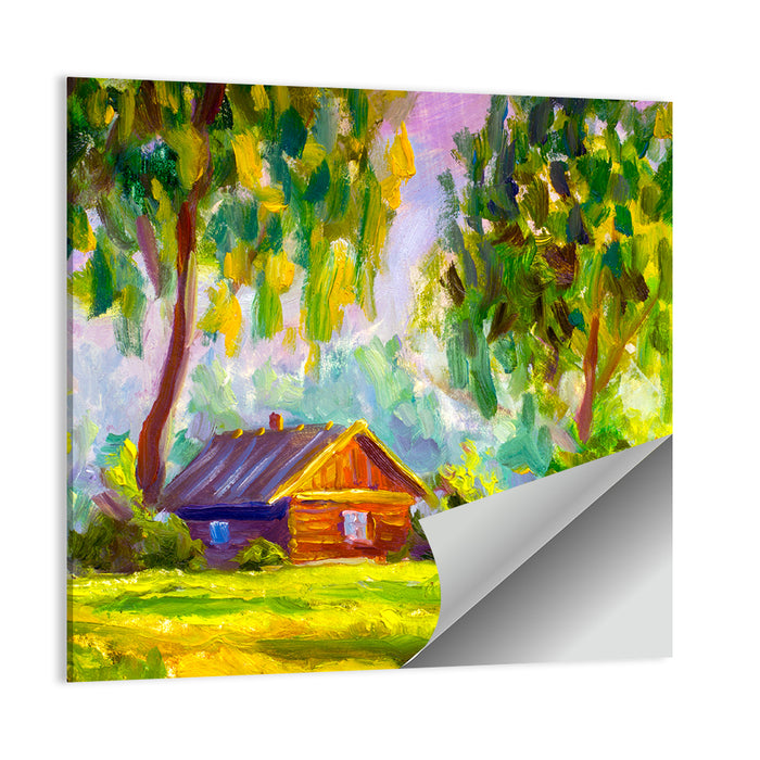 Impressionist Log Cabin in Green Forest Wall Art as a poster print