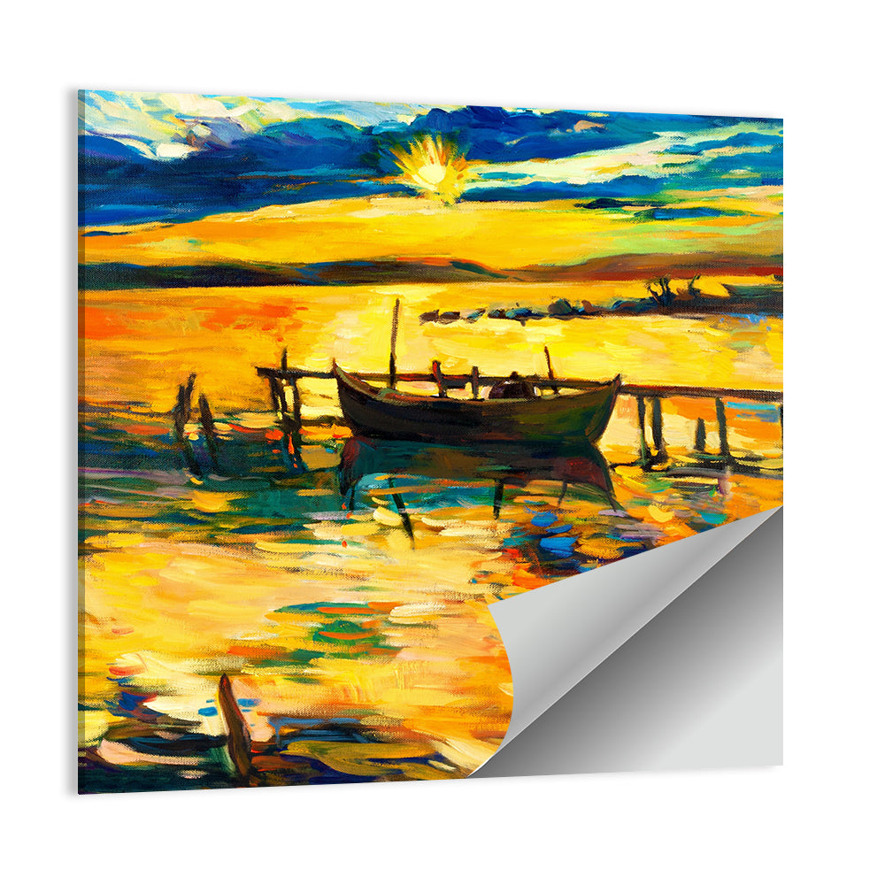 Sunset Boat at Jetty Oil Painting Wall Art