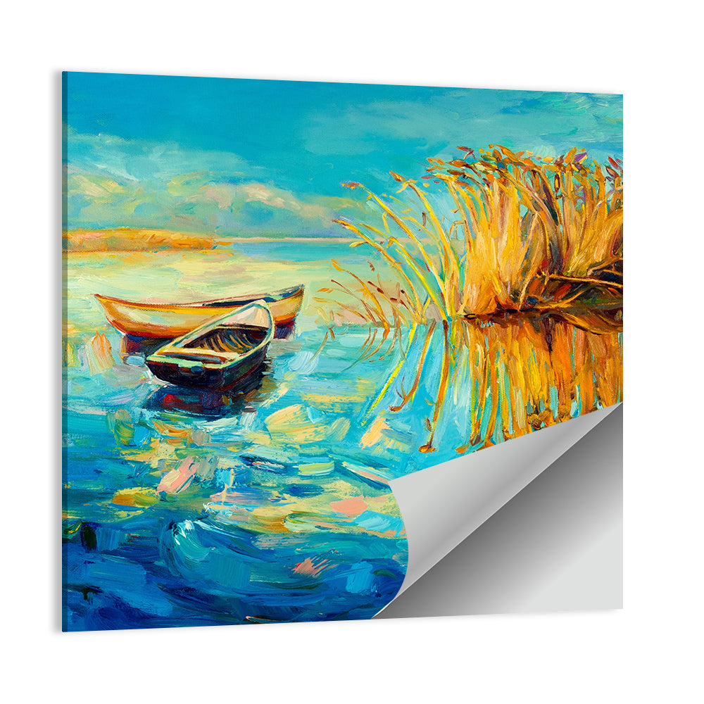 Rowboats and Reeds on Blue Lake Wall Art