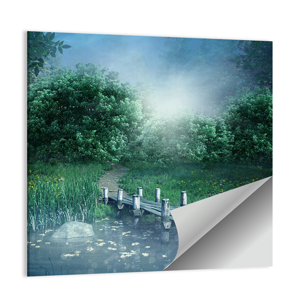 Misty Forest Lake with Wooden Bridge Wall Art