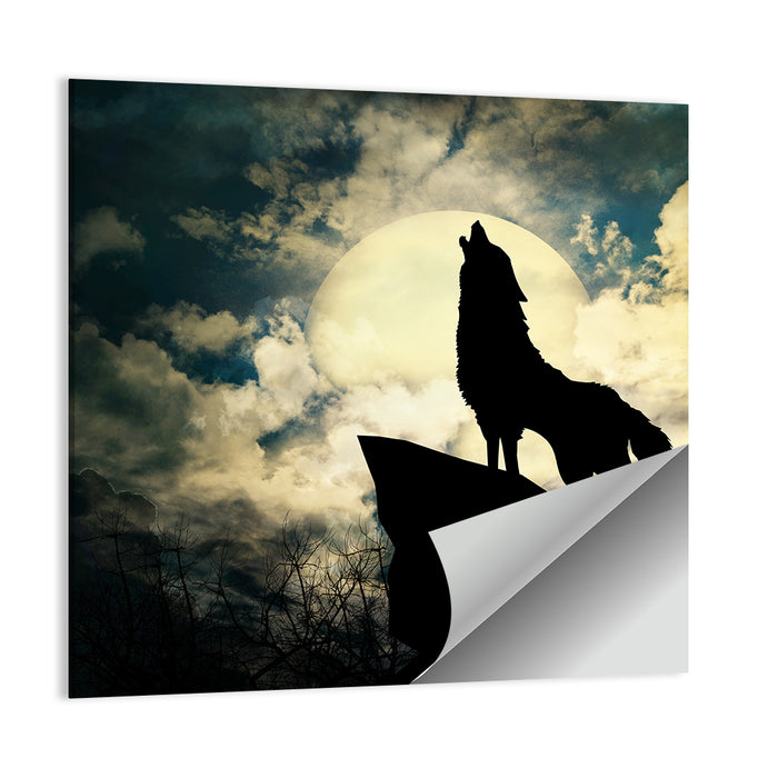Howling Wolf Silhouette Against Full Moon Wall Art as a poster print