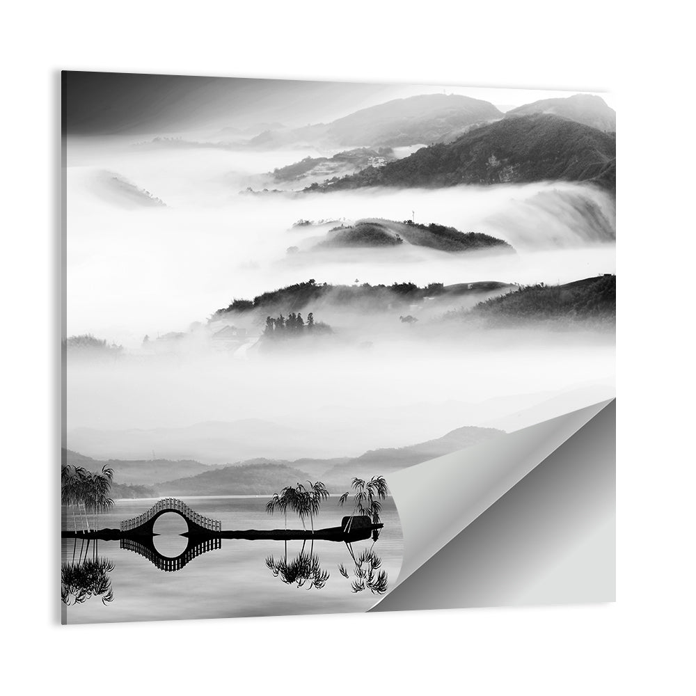Misty Chinese Lake with Bridge Wall Art