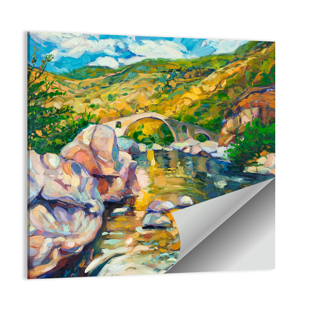 Arched Stone Bridge in Mountain River Wall Art