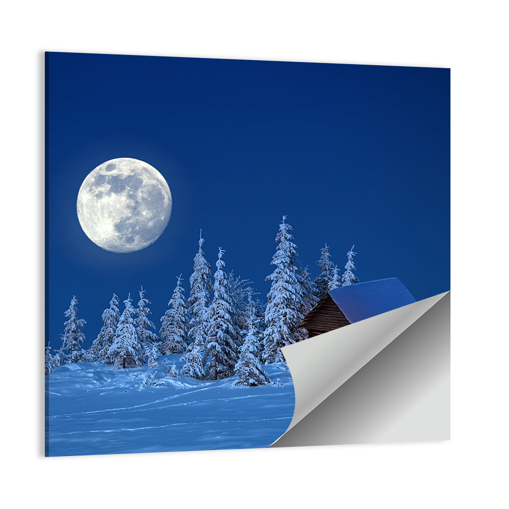 Moonlit Winter Cabin in Forest Wall Art