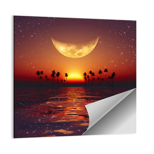 Yellow Moon Over Red Sunset At Tropical Sea Wall Art