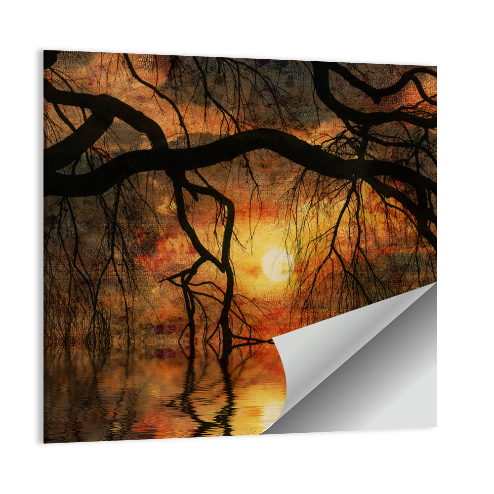 Lake Tree Silhouette at Golden Sunset Wall Art