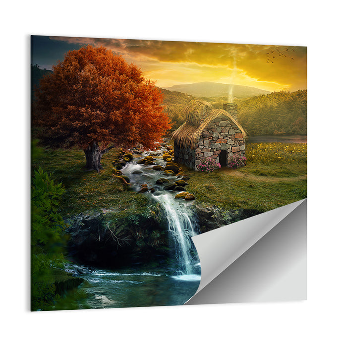 Thatched Cottage by Mountain Stream Wall Art as a poster print