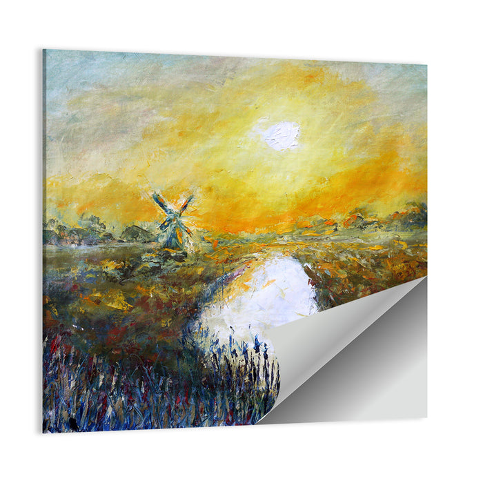 Windmill at Sunrise Over River Wall Art as a poster print