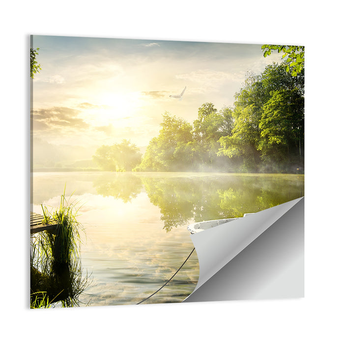Rowboat at Misty Dock Wall Art as a poster print