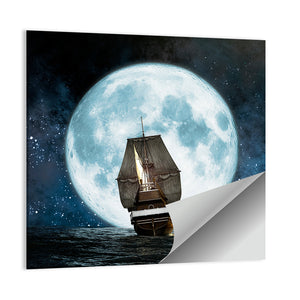 Sea Boat Under Moon Wall Art