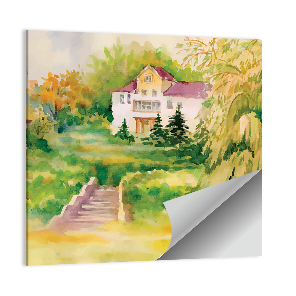 Hilltop House in Garden Illustration Wall Art
