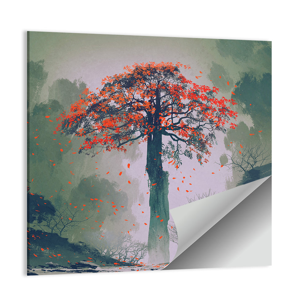 Misty Red Autumn Tree Wall Art