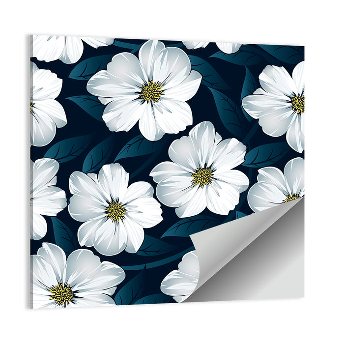 White Flowers on Navy Pattern Wall Art as a poster print