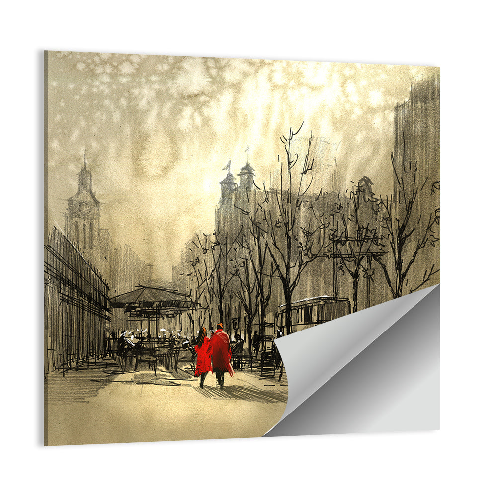 Couple in Red Coats on City Street Wall Art