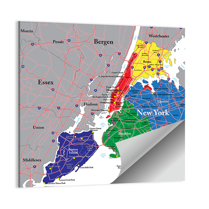 Color-coded New York City Map Wall Art as a poster print