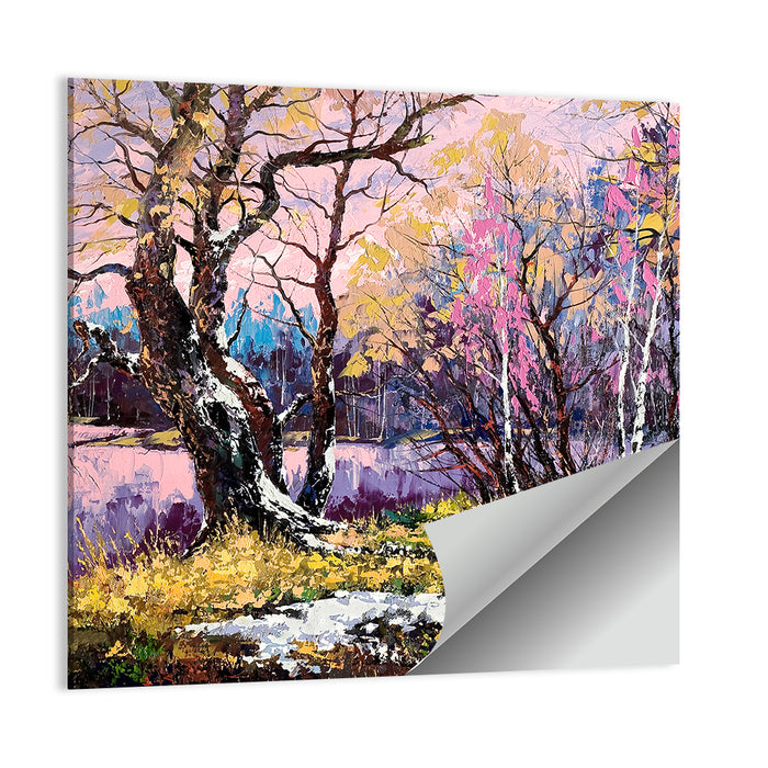 Autumn Lakeshore with Pink Foliage Wall Art as a poster print