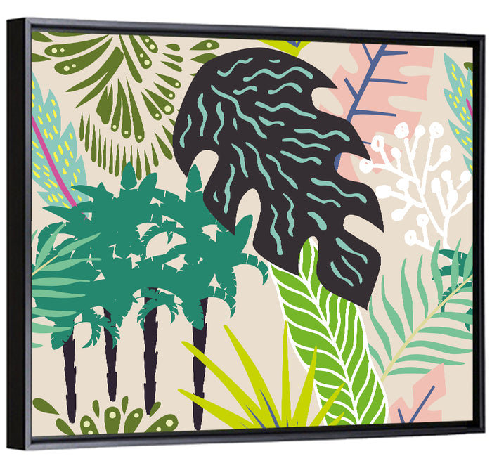 Leaves and Palm Trees Abstract Wall Art as a framed canvas