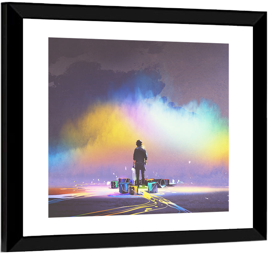 Silhouette with Paint Buckets and Rainbow Light Wall Art