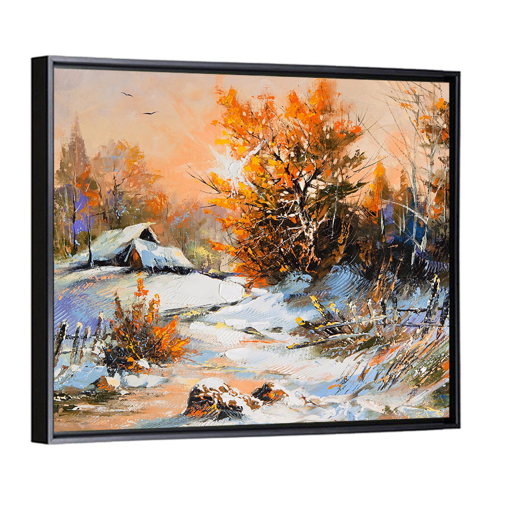 Snowy Cottage at Golden Hour Wall Art
