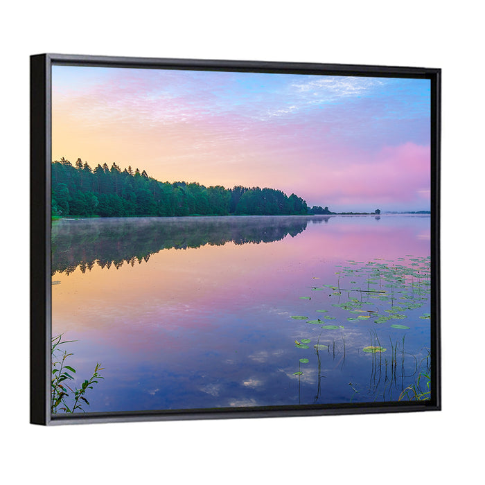 Sunrise Over Forest Lake Wall Art as a framed canvas