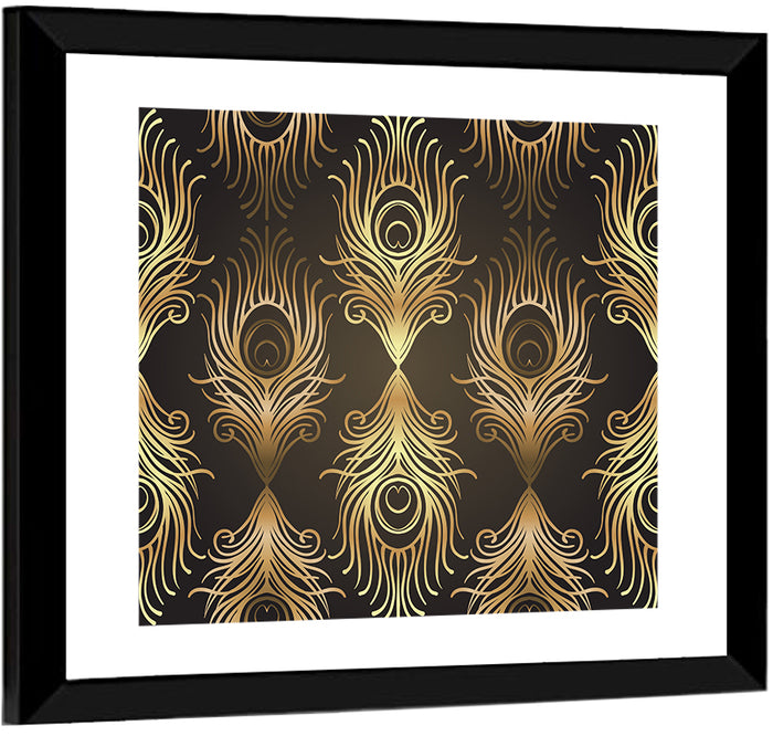 Gold Peacock Feather Pattern Wall Art as a framed print